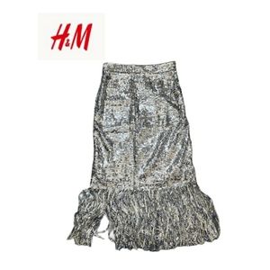 H&M Fringe-trimmed Silver Sequined Skirt, size 4 ✨